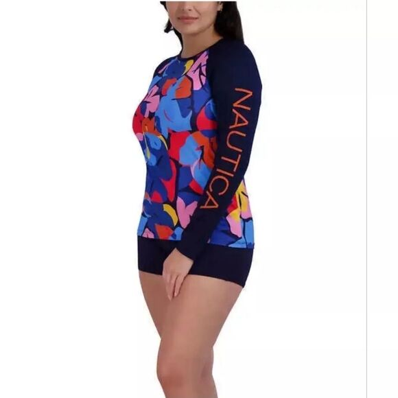Nautica Women's Into the Jungle Floral Swim Rashguard Sun Top UPF 30 NWT Size L - Picture 4 of 7